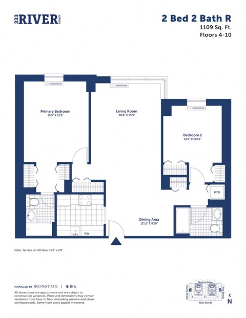Floor plan for 2 beds, 2 baths, 1109 sqft